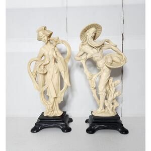 Vintage Santini Asian Imperial Couple Floral Fruit Alabaster Sculptures